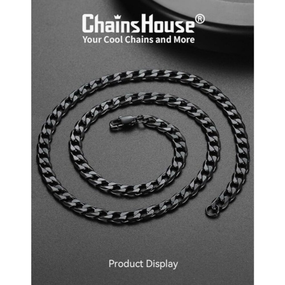 ChainsHouse Miami Cuban Link Chain Necklace Men Black Stainless Steel Size 6mm